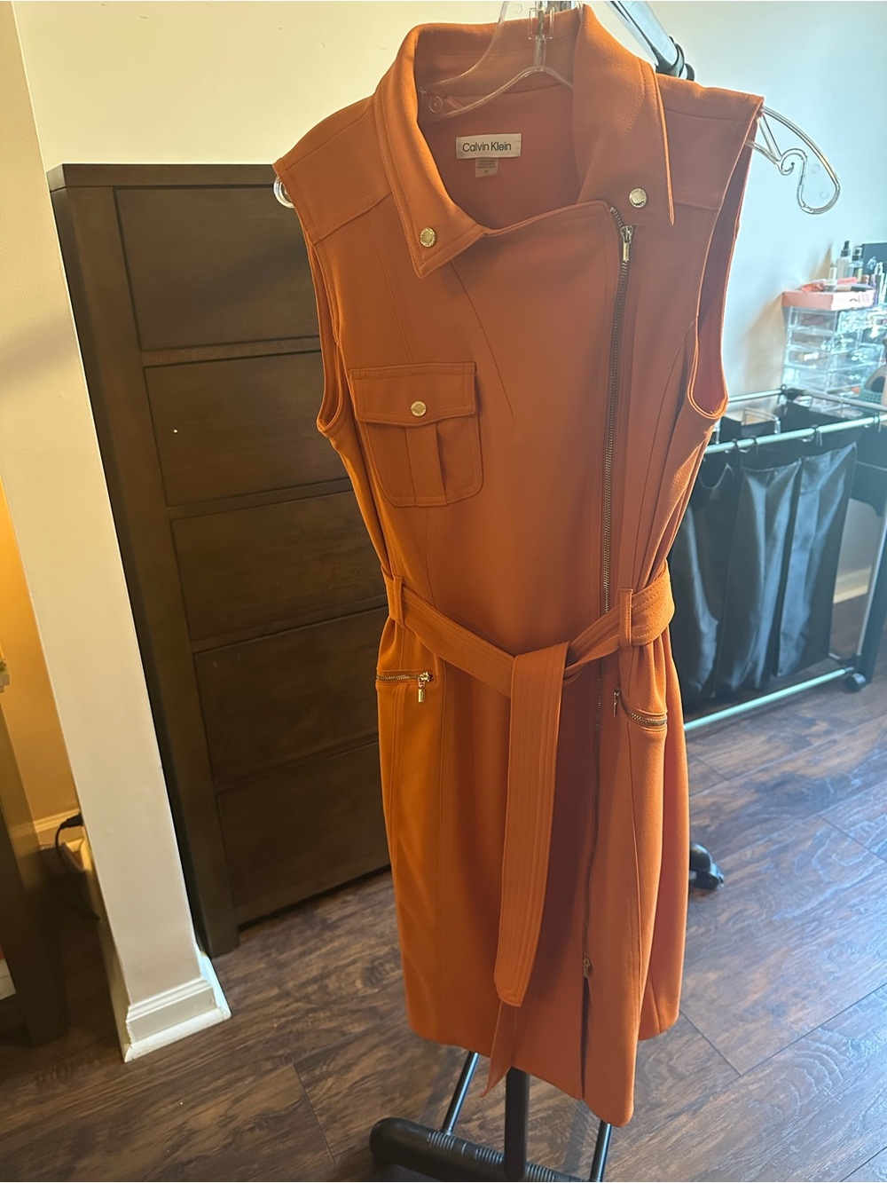 Calvin Klein Rust-Orange Sleeveless Zip-Belt Dress